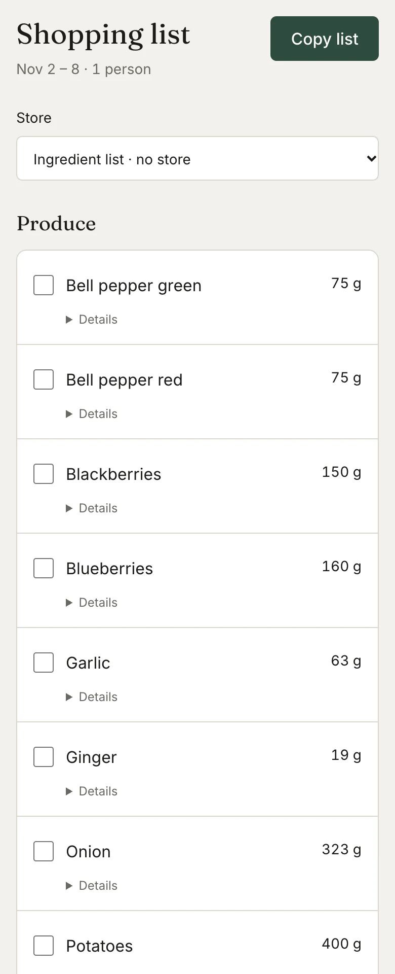 A shopping list with ingredients and quantities grouped by supermarket aisle