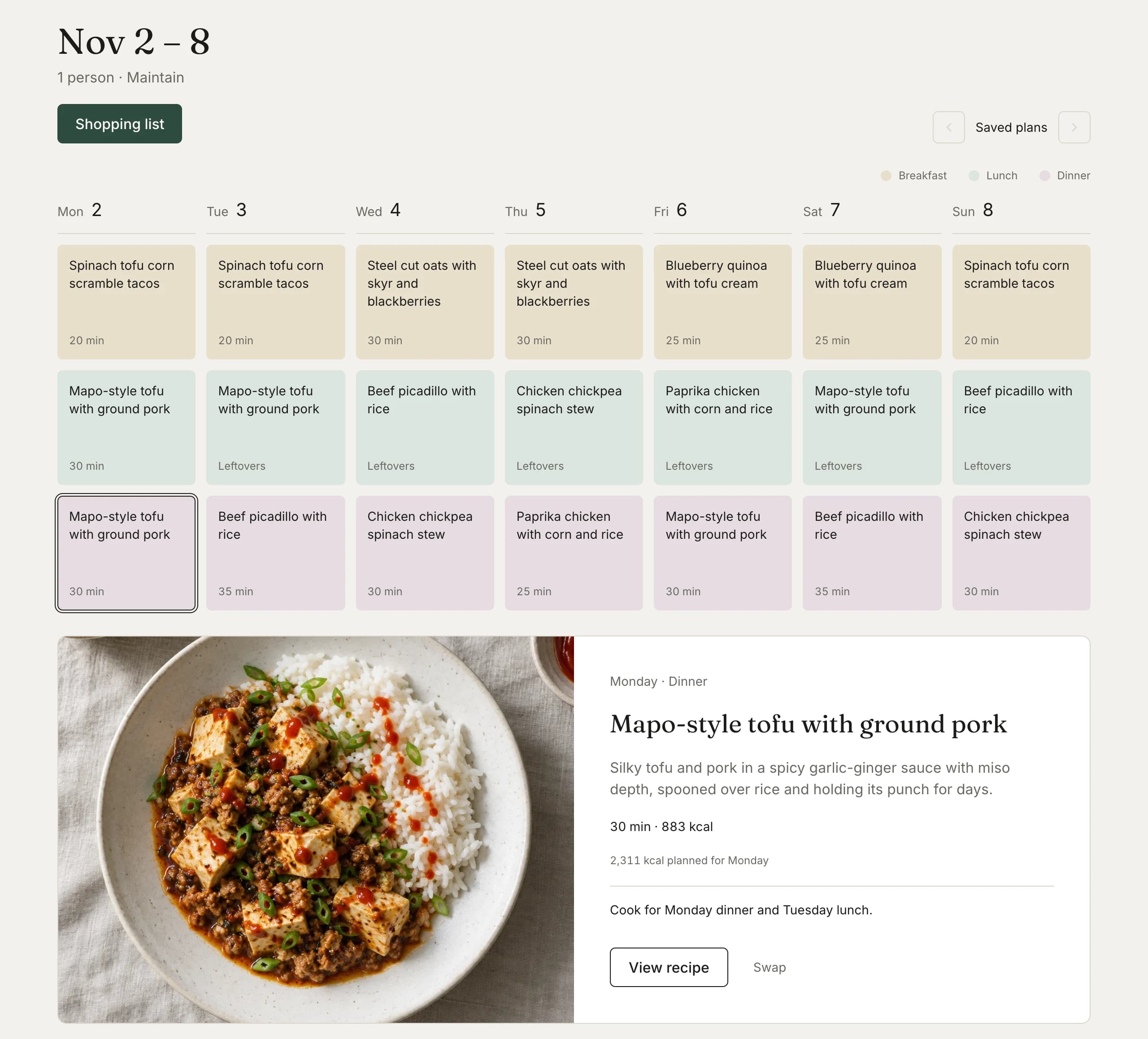 A seven-day plan with breakfast, lunch and dinner, and a selected dinner preview