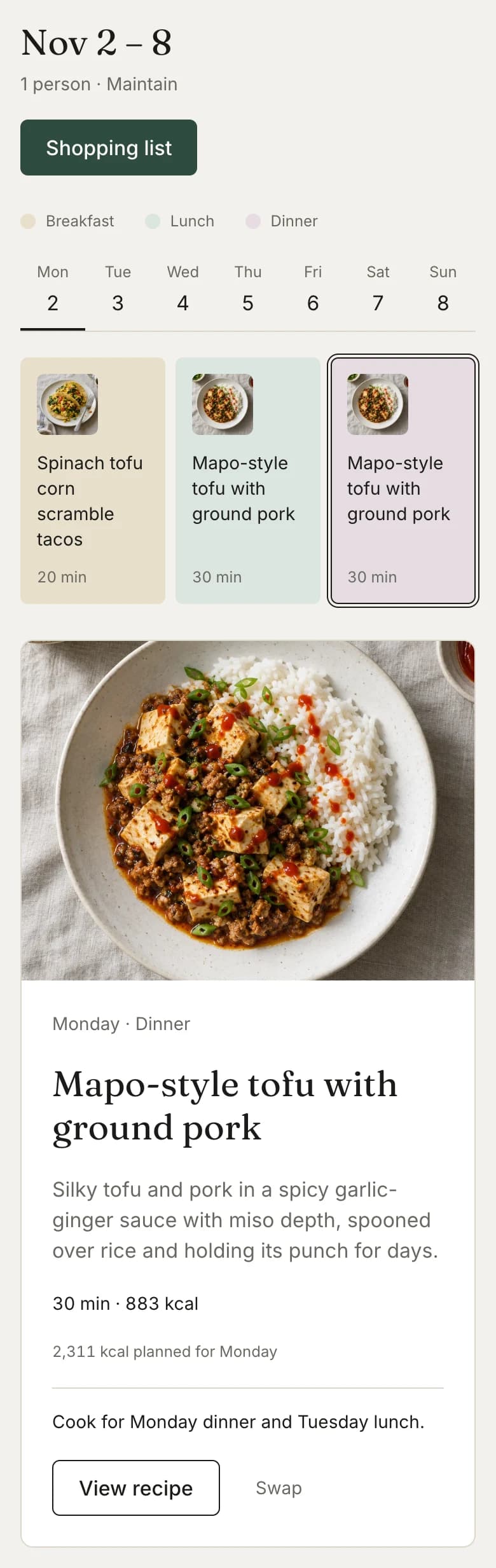 The mobile meal plan with a day selector, three meals and a dinner preview